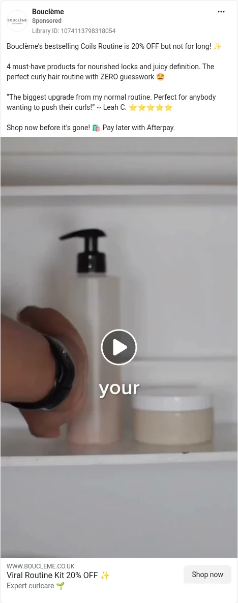 Based on Ad Library ID 1074113798318054, Bouclème: creator coily wash day with first-person voice-over; Coils Routine at 20% off.