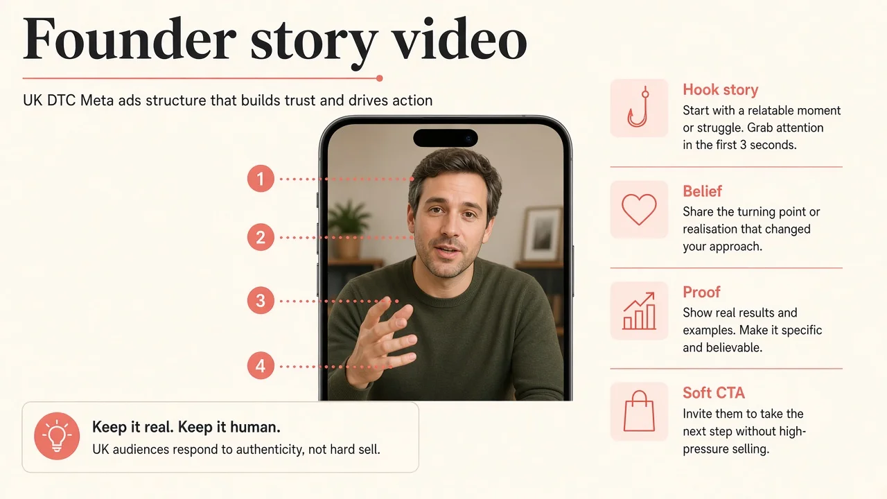 Diagram of a brand-impact story video: hook joke, mission beat, soft CTA.