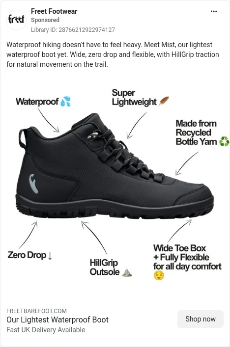Based on Ad Library ID 28766212922974127, Freet (UK brand) · waterproof barefoot boot · spec static · GB Ad Library, 8 Oct 2026. FLAG: specs in words, no figures (CAP 3.7); 'Recycled Bottle Yarn', no part or % (CAP 11.1, 11.3); 'lightest' is an in-range comparison.