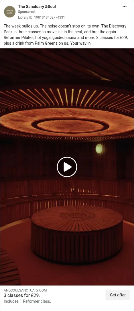 Based on Ad Library ID 1981313402774331 — The Sanctuary &Soul public Meta creative (left-column crop).