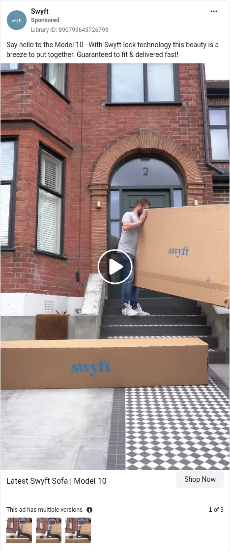 Based on Ad Library ID 890793643726793 — Swyft sofa-in-a-box unboxing / assembly video (left-column crop).
