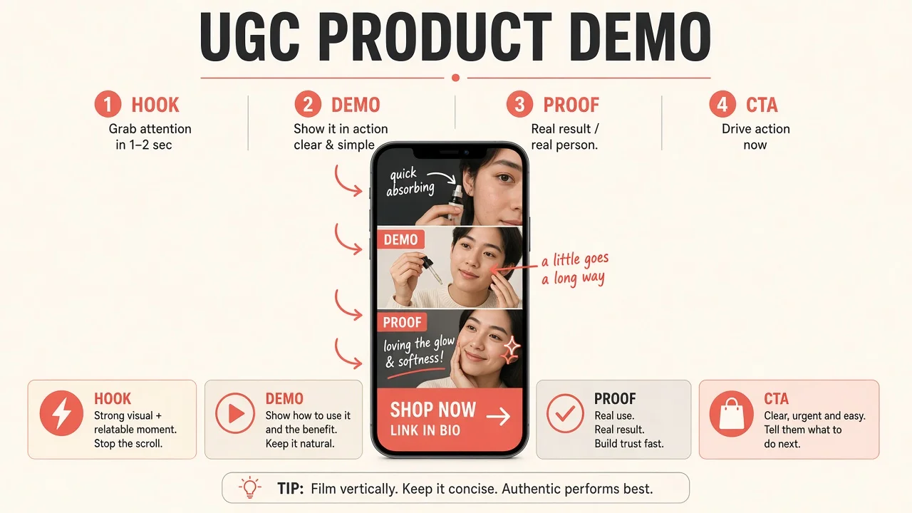 Diagram of a UGC creator product demo Reel: hook, demo in motion, proof close-up, CTA.