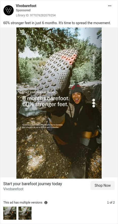 Based on Ad Library ID 977076282079254, Vivobarefoot (UK brand) · barefoot boots · stat static · GB Ad Library, 8 Oct 2026. FLAG: 'scientifically proven', 'up to 60%', no study named on the card (CAP 3.7, 12.1).