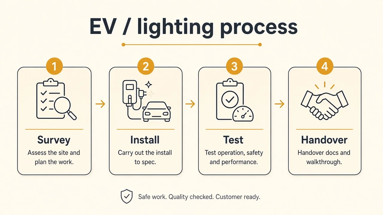Diagram of an EV process install Meta video: hands-on steps, proof, offer, CTA.