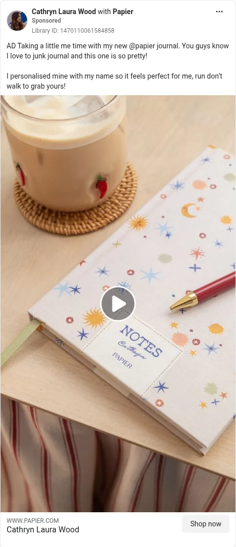 Based on Ad Library ID 1470110061584858 — Cathryn Laura Wood × Papier name-on-cover UGC personalisation demo (left-column crop).